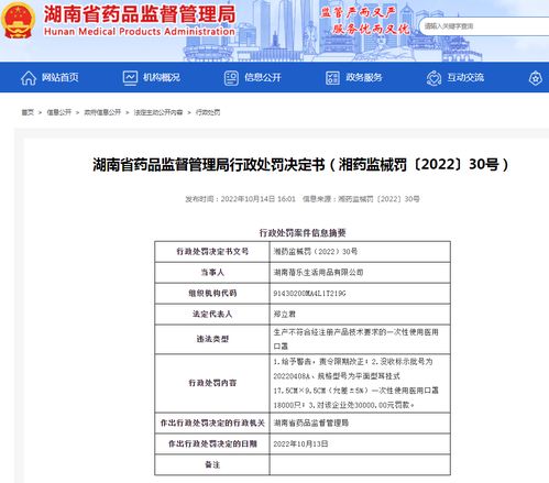 湖南蓓乐生活用品生产不合格口罩被罚